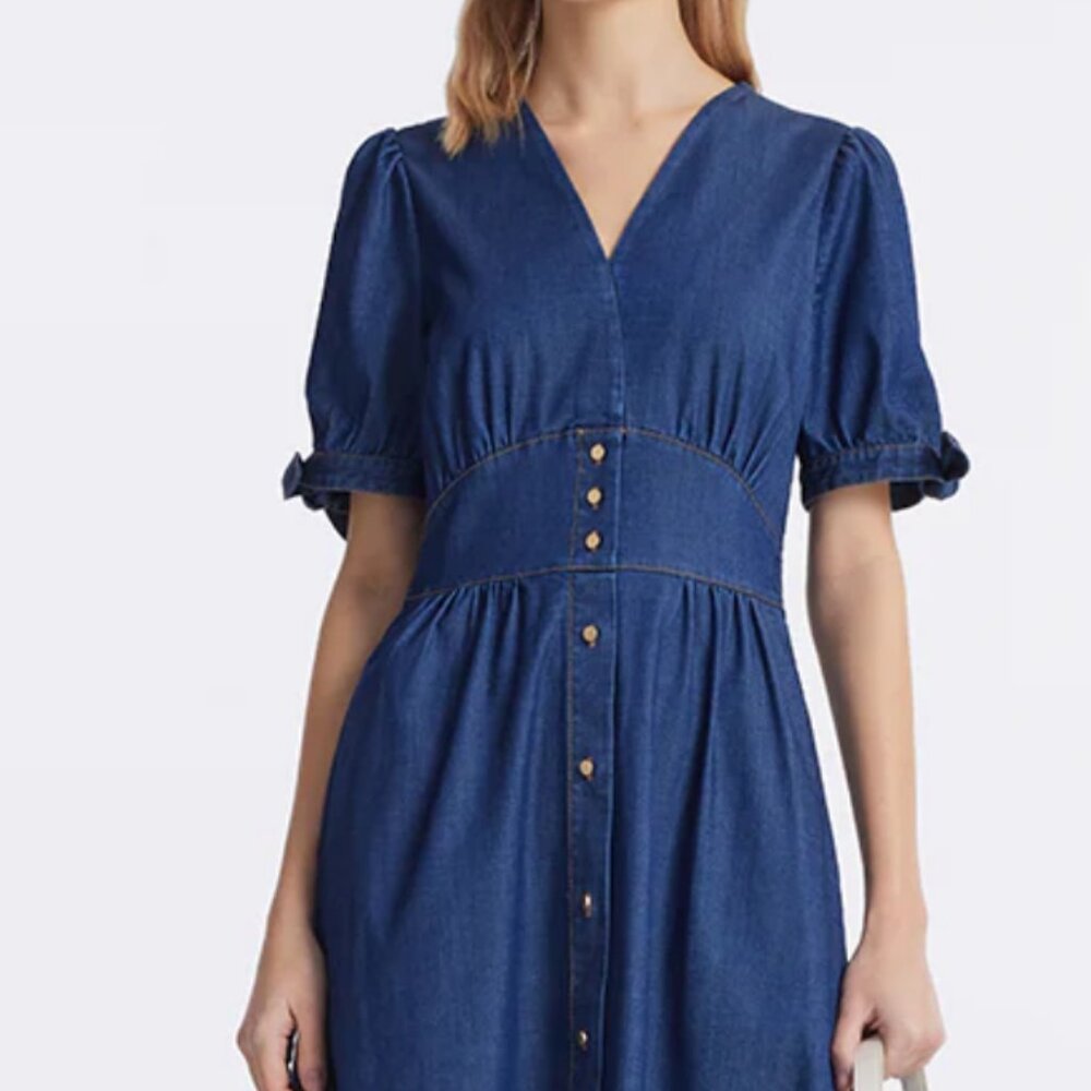 Goelia Denim Midi Dress | Size L | V-Neck A-Line